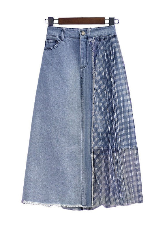 Blue Wrinkled Tulle Patchwork Denim Skirts Spring