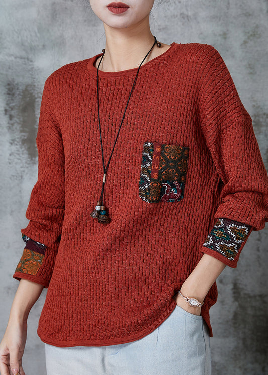 Brick Red Applique Patchwork Knit Sweater Spring