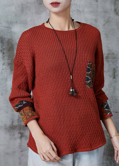 Brick Red Applique Patchwork Knit Sweater Spring