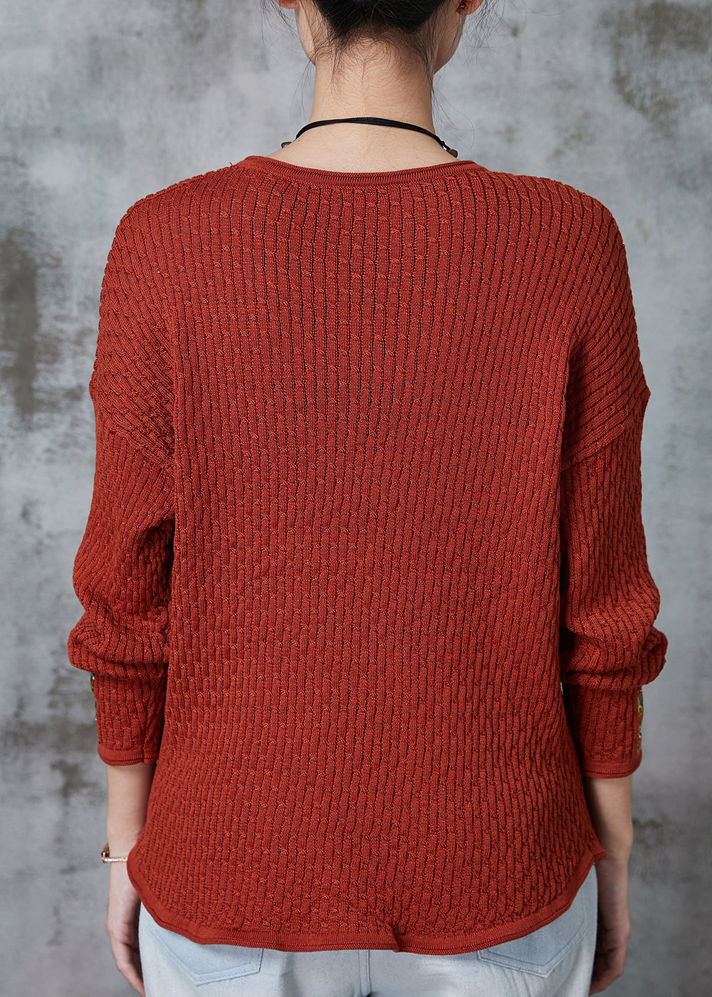 Brick Red Applique Patchwork Knit Sweater Spring