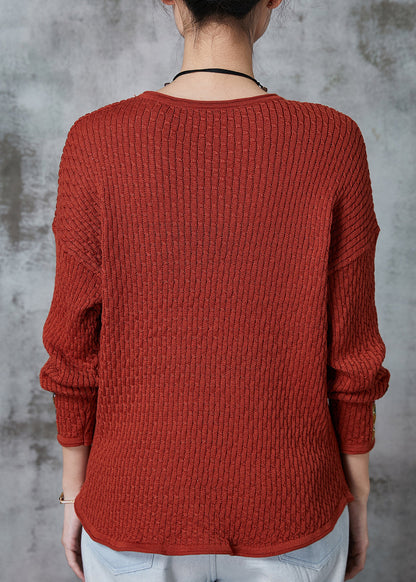 Brick Red Applique Patchwork Knit Sweater Spring