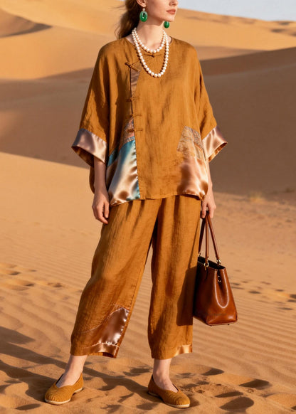 Brown Button Shirts and Crop Pants Silk Patchwork Two Pieces Set Half Sleeve