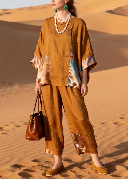Brown Button Shirts and Crop Pants Silk Patchwork Two Pieces Set Half Sleeve