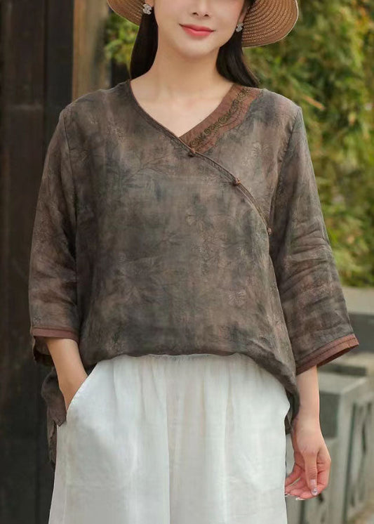 Brown Chinese Button Print Patchwork Linen Top Bracelet Sleeved