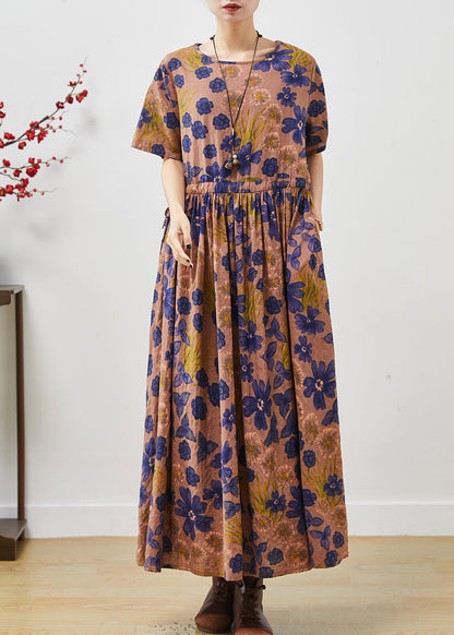 Brown Cinched Print Cotton Long Dresses Summer