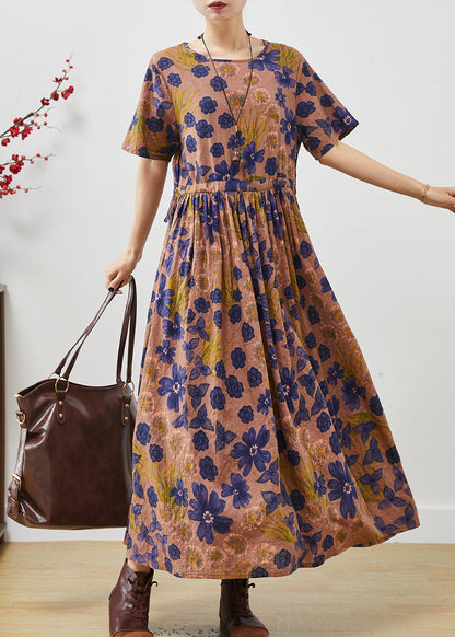 Brown Cinched Print Cotton Long Dresses Summer