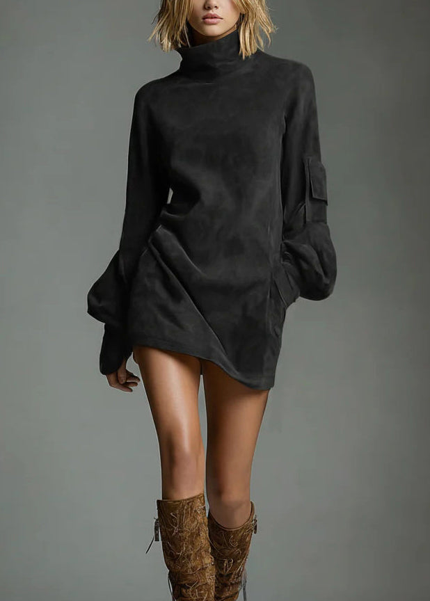 Brown High Neck Faux Suede Mid Dress Lantern Sleeve