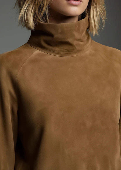 Brown High Neck Faux Suede Mid Dress Lantern Sleeve