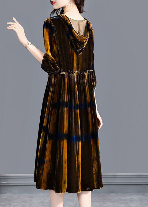 Brown Hooded Ruffled Wrinkled Silk Velour Maxi Dresses Spring
