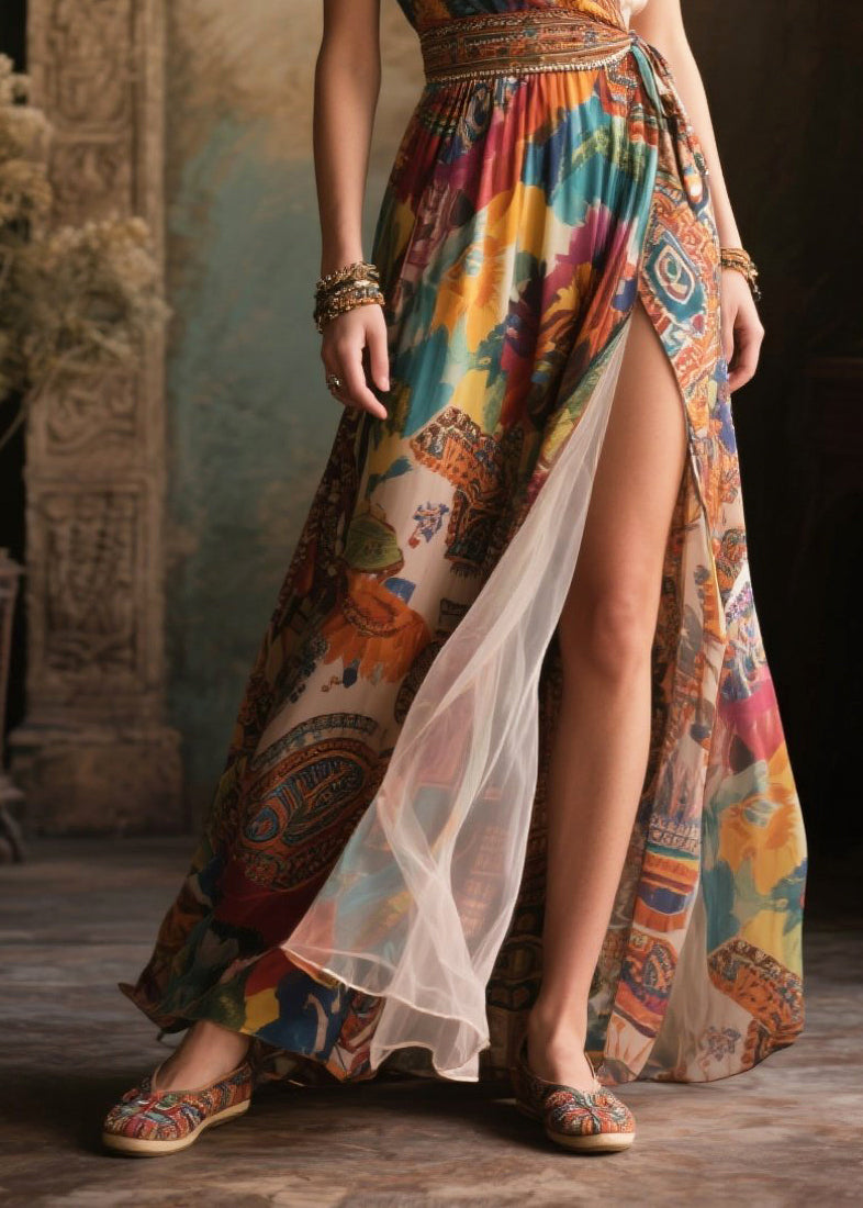 Brown Print Side Open Chiffon Cami Dresses Summer