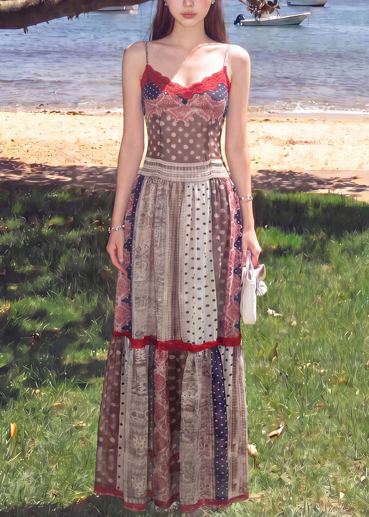 Brown Print Silm Fit Cotton Spaghetti Strap Dress Summer