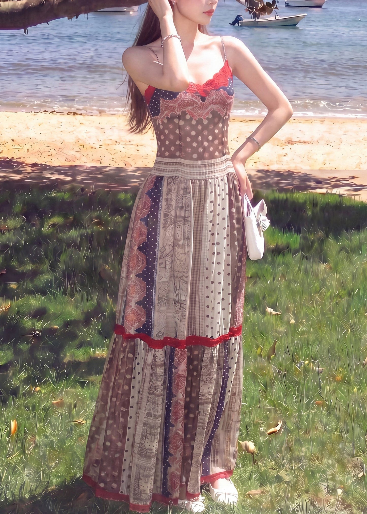 Brown Print Silm Fit Cotton Spaghetti Strap Dress Summer