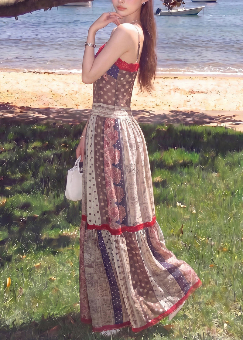 Brown Print Silm Fit Cotton Spaghetti Strap Dress Summer