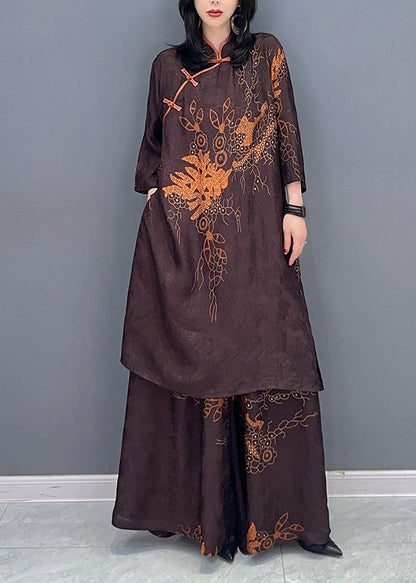 Brown Stand Collar Print Button Shirts and Wide Leg Pants Two Pieces Set Spring
