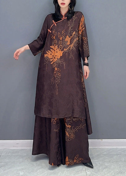 Brown Stand Collar Print Button Shirts and Wide Leg Pants Two Pieces Set Spring