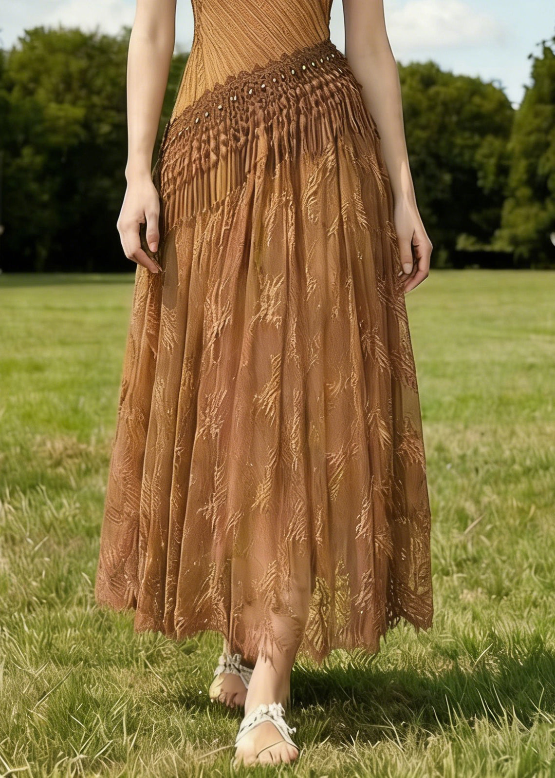 Brown Tasseled Wrinkled Patchwork Spaghetti Strap Dress Sleeveless