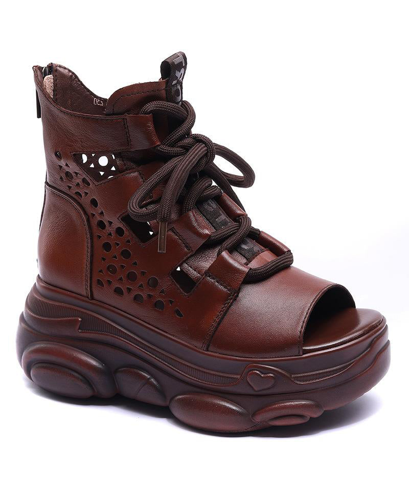 Brown Wedge Faux Leather Lace Up Sandals
