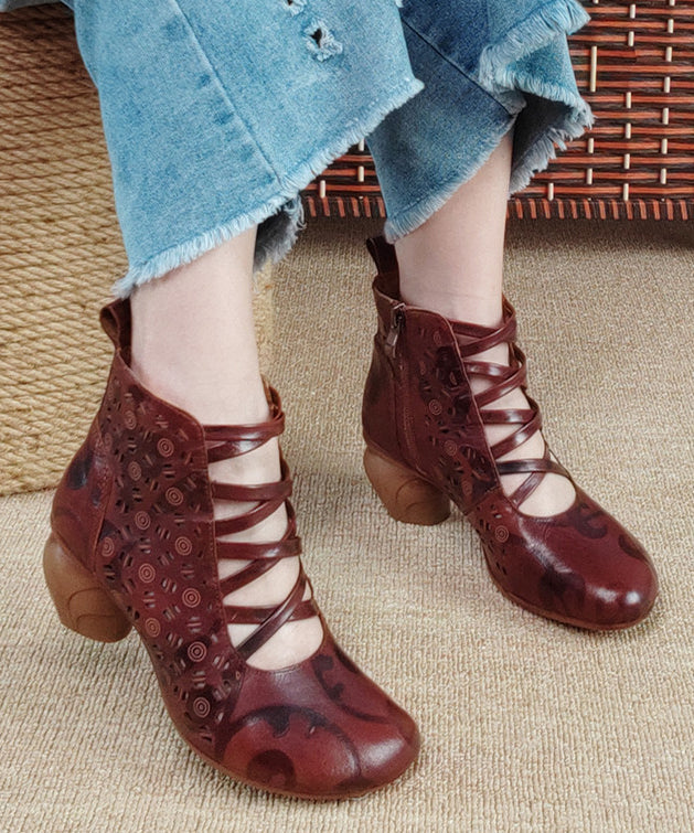 Brown Zippered Hollow Out Cowhide Leather Chunky Boots