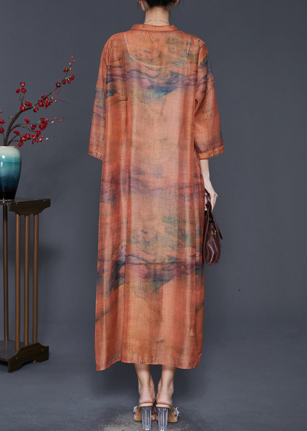 Caramel Oversized Print Linen Robe Dresses Summer