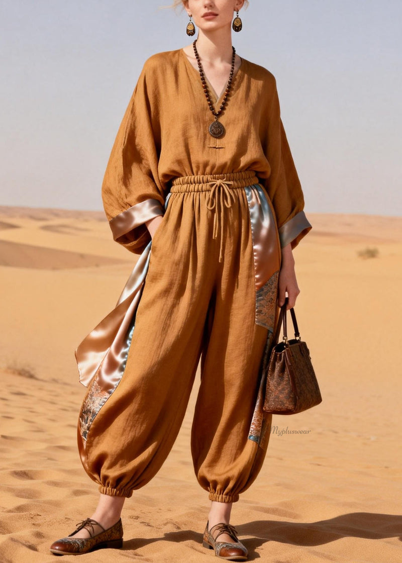 Caramel Pockets Elastic Waist Patchwork Silk Linen Two Pieces Set Spring