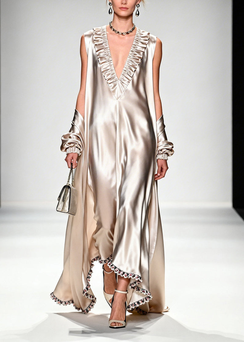 Champagne V Neck Patchwork Flower Lace Silk Holiday Dress Summer