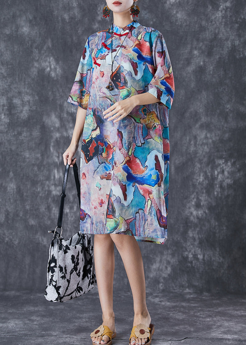 Character Print Chinese Button Linen Cheongsam Dresses Summer