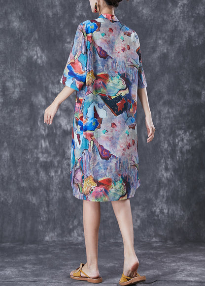 Character Print Chinese Button Linen Cheongsam Dresses Summer