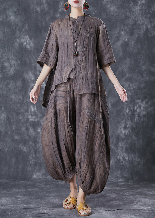 Chocolate Asymmetrical Tie Dye Linen Two Pieces Set Summer