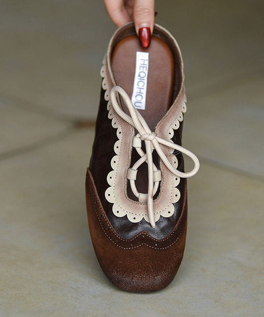Chocolate Flat Embossed Lace Up Cowhide Leather Slippers