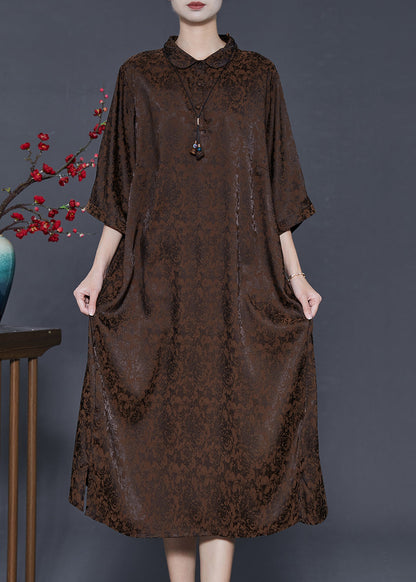 Chocolate Jacquard Silk Maxi Dresses Bracelet Sleeve
