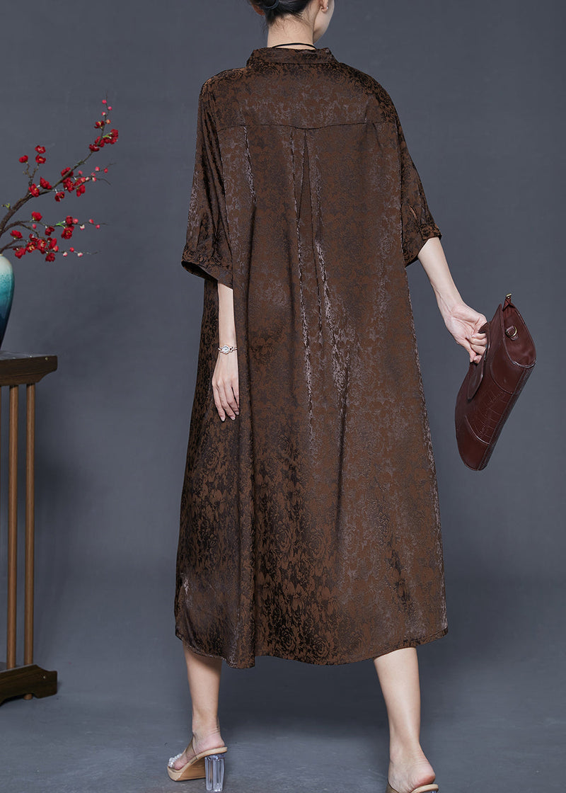 Chocolate Jacquard Silk Maxi Dresses Bracelet Sleeve