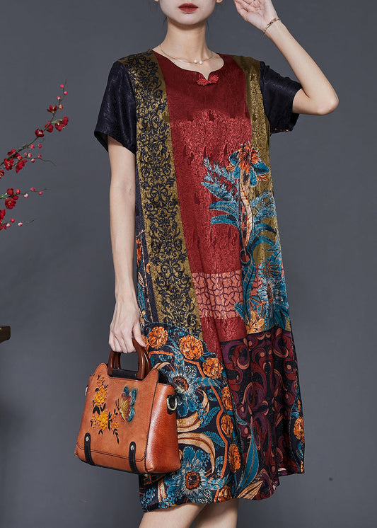 Chocolate Print Chinese Button Silk Dresses Summer