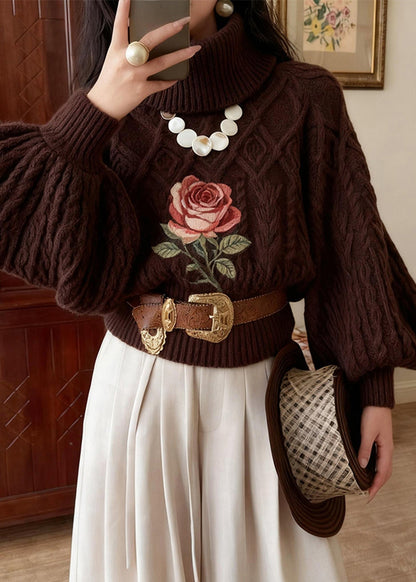 Chocolate Turtleneck Rose Knitted Cotton Sweater Winter