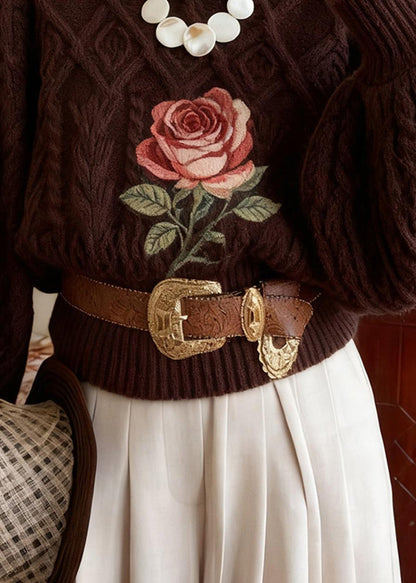 Chocolate Turtleneck Rose Knitted Cotton Sweater Winter
