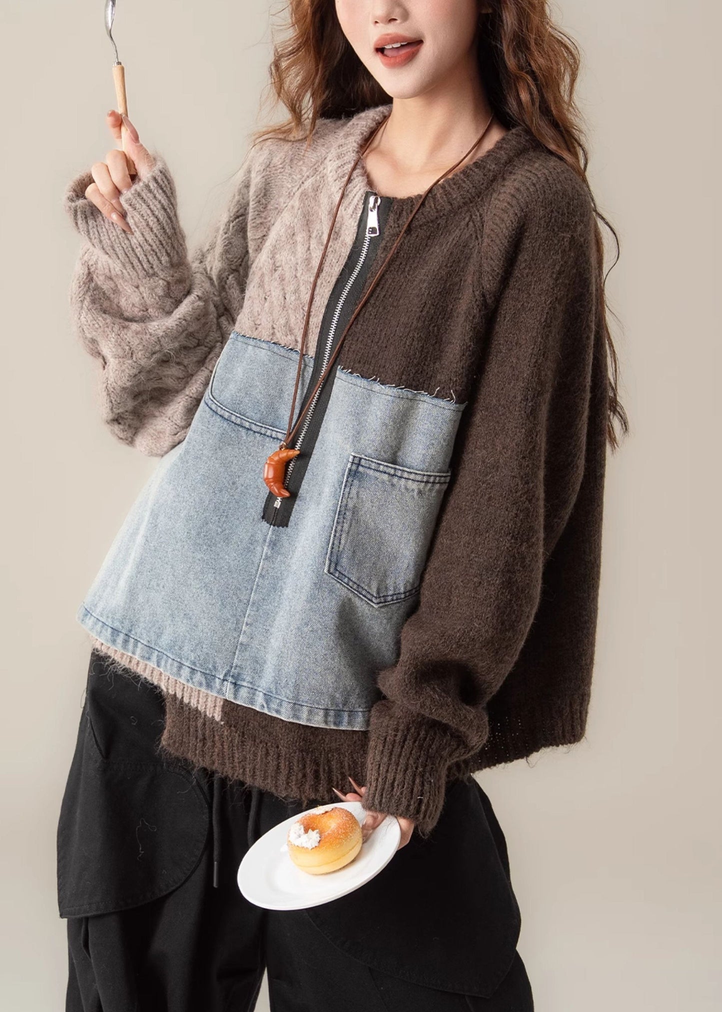 Coffee Asymmetrical Zip Up Patchwork Knit Sweater