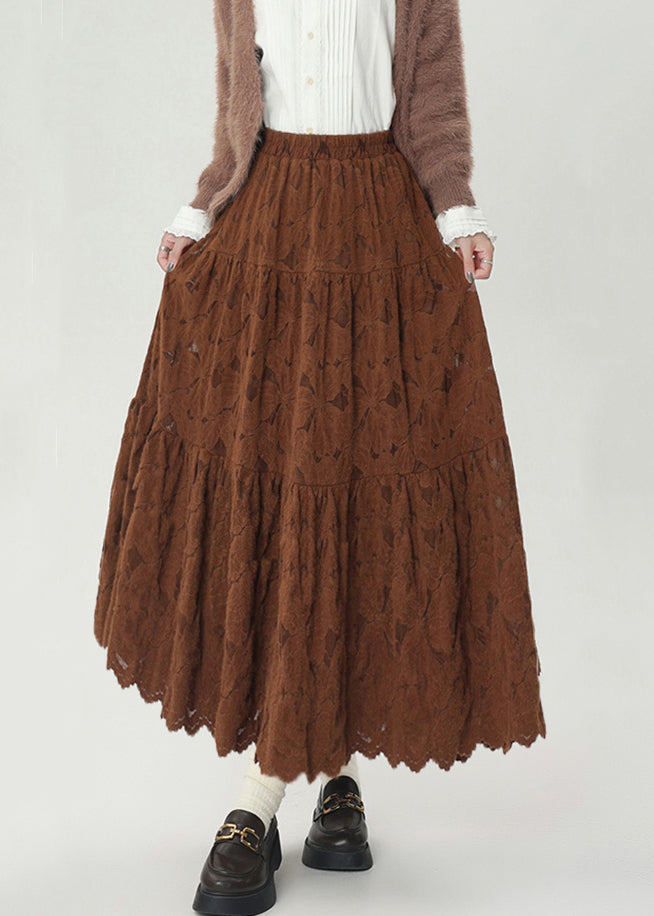 Coffee Elastic Waist Lace Warm Fleece Skirts Winter