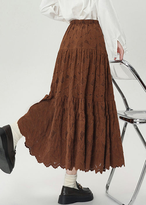 Coffee Elastic Waist Lace Warm Fleece Skirts Winter