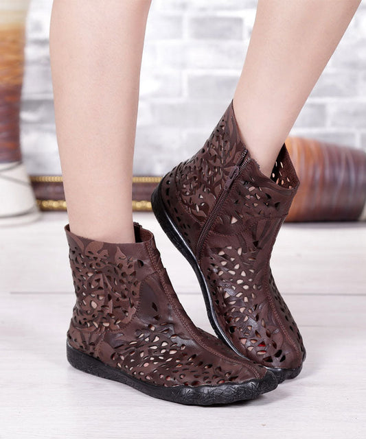 Coffee Hollow Out Zippered Splicing Cowhide Leather Boots