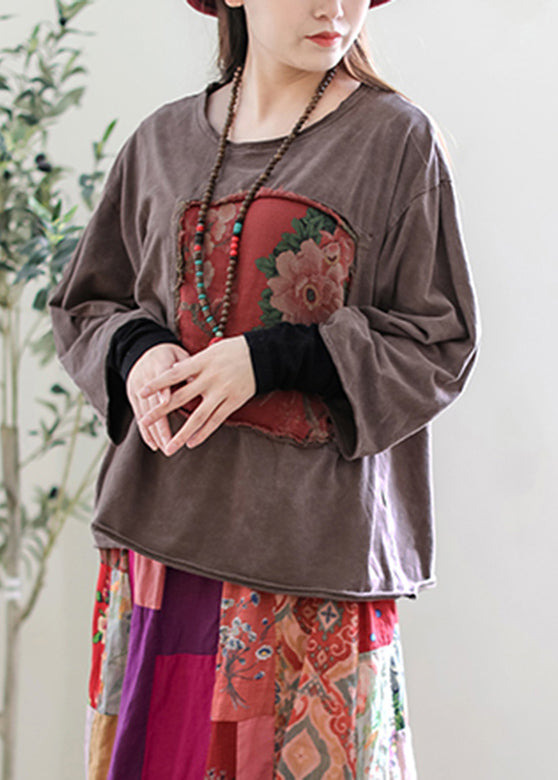 Coffee O-neck Appliques Top Long Sleeve