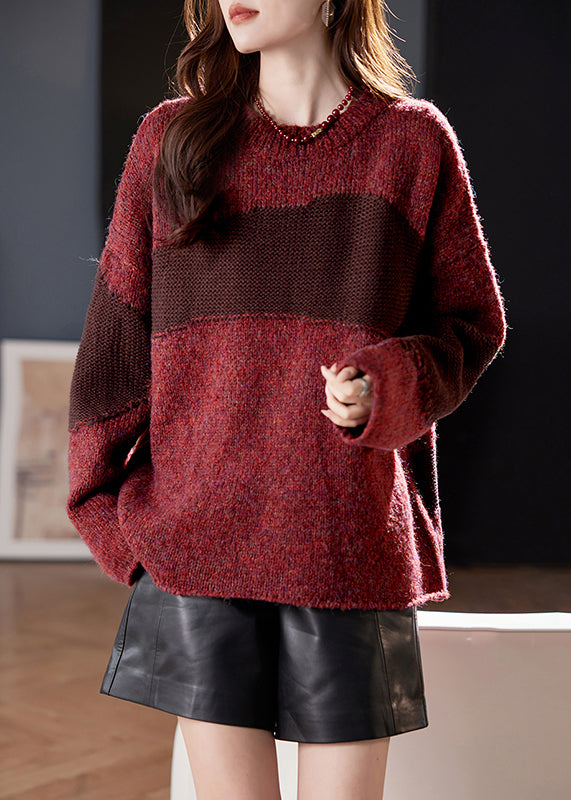 Coffee O Neck Cozy Patchwork Knit Sweater Winter