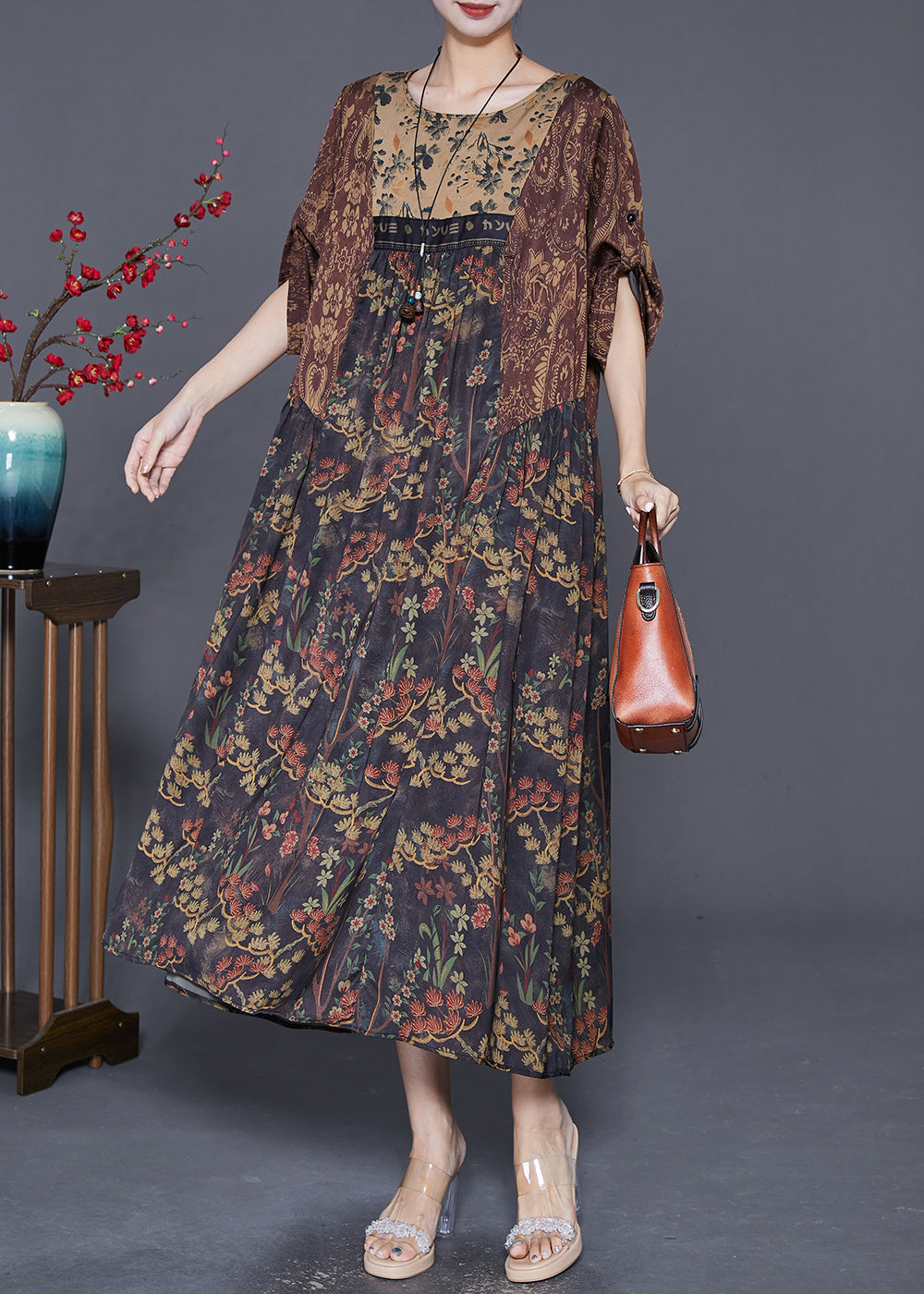 Coffee Oversized Patchwork Print Silk Dress Summer