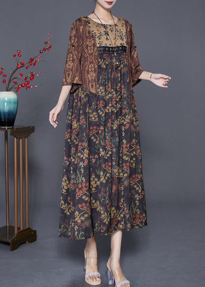 Coffee Oversized Patchwork Print Silk Dress Summer