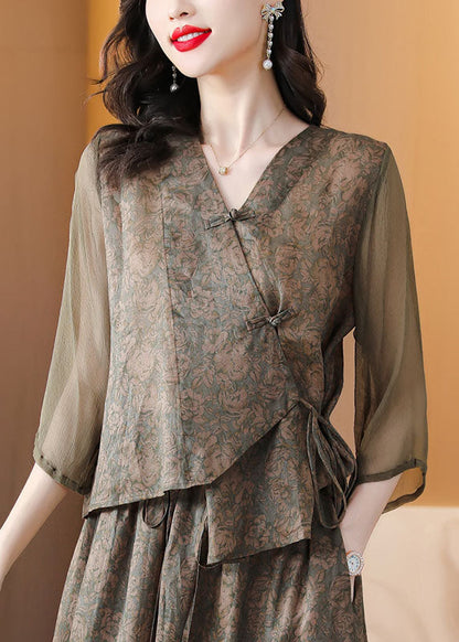 Coffee Print Chinese Button Lace Up Patchwork Linen Top Summer