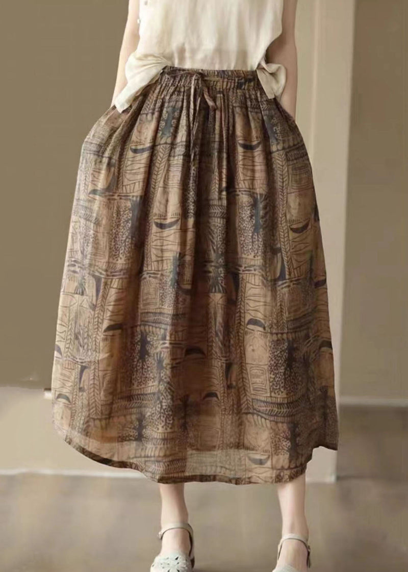 Coffee Print Cinched Patchwork Linen Skirts Summer