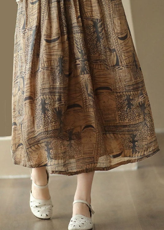Coffee Print Cinched Patchwork Linen Skirts Summer