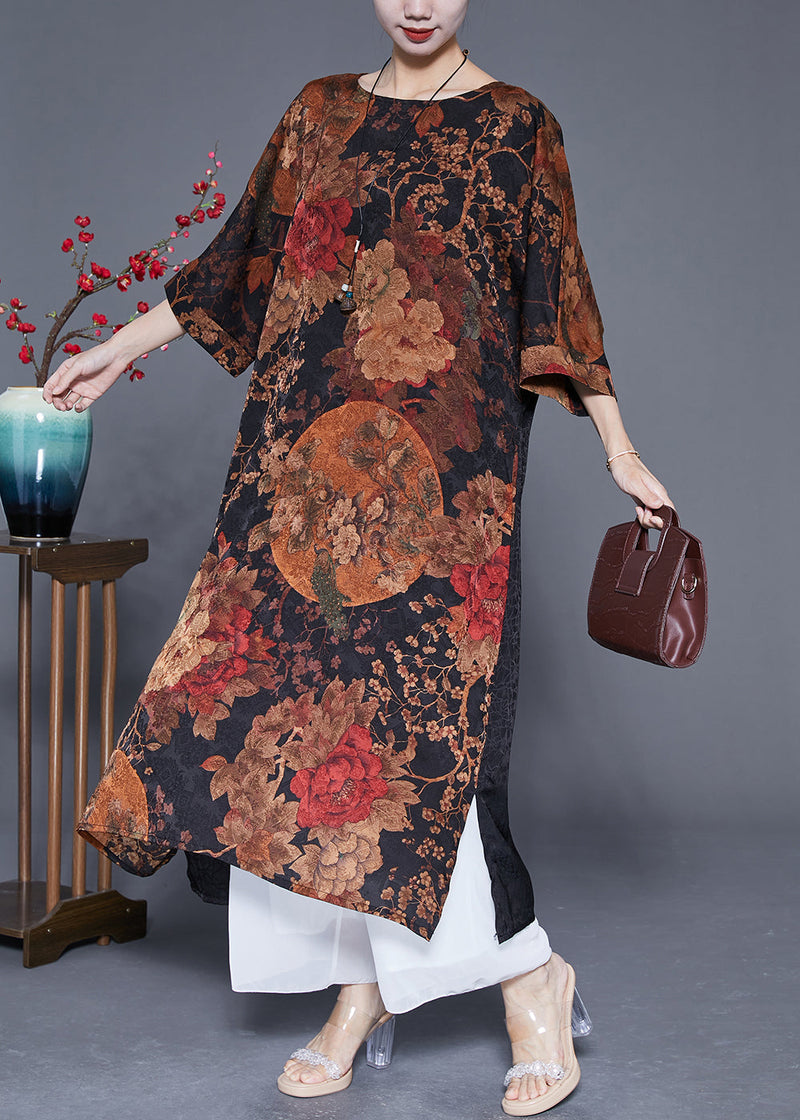Coffee Print Patchwork Chinese Button Silk Vacation Dresses Summer