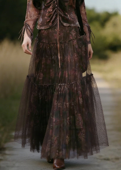 Coffee Print Wrinkled Tulle Skirt Summer