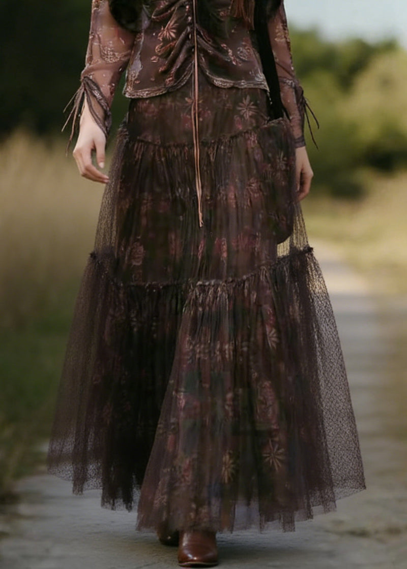 Coffee Print Wrinkled Tulle Skirt Summer