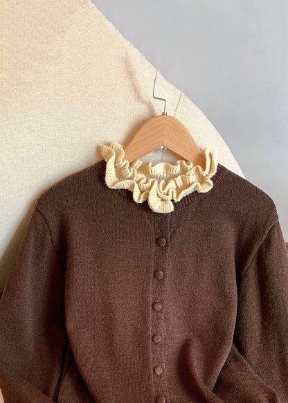 Coffee Ruffled Button Patchwork Knit Coats Winter