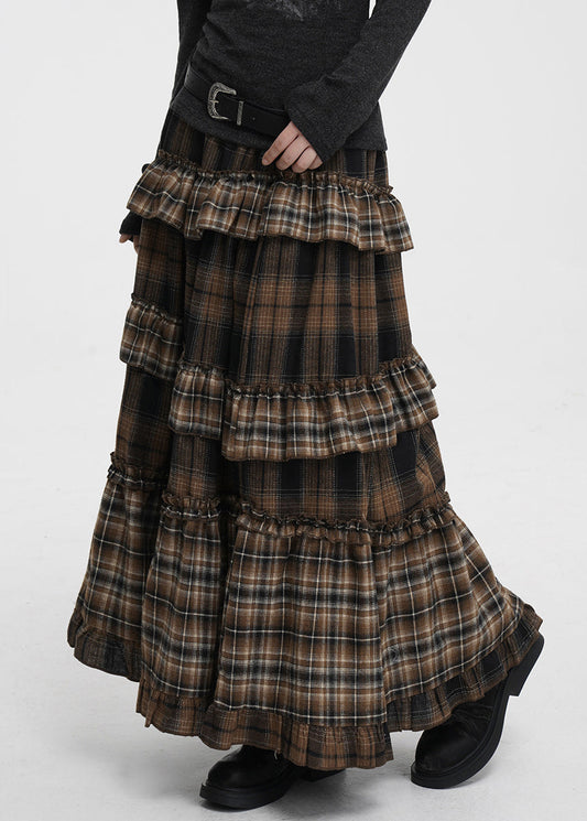 Coffee Ruffled Plaid Elastic Waist Cotton Skirts Spring